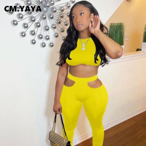 CM.YAYA Women Set Solid Short Sleeve Crop Tops Hollow Out Skinny Elastic Full Length Pants Bandage 2 Piece Set Tracksuit Outfits