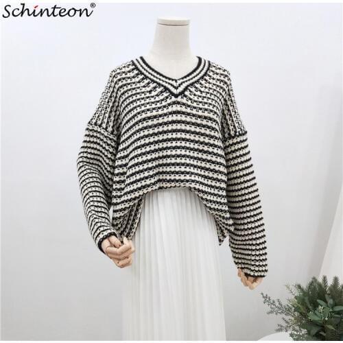 Women Korean Style Knitted Sweater Autumn Striped V-Neck Knitting Pullover Loose Sweater 2019 New Arrival