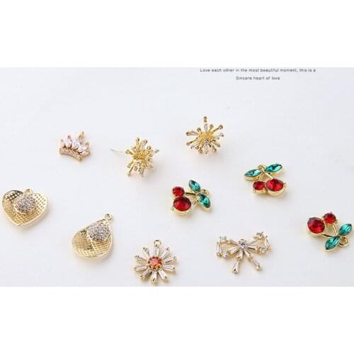 2pcs color-preserving Copper Plated Zircon Earrings Flower Bow Cherry Crown Jewelry Korean Fashion Earrings Necklace Material