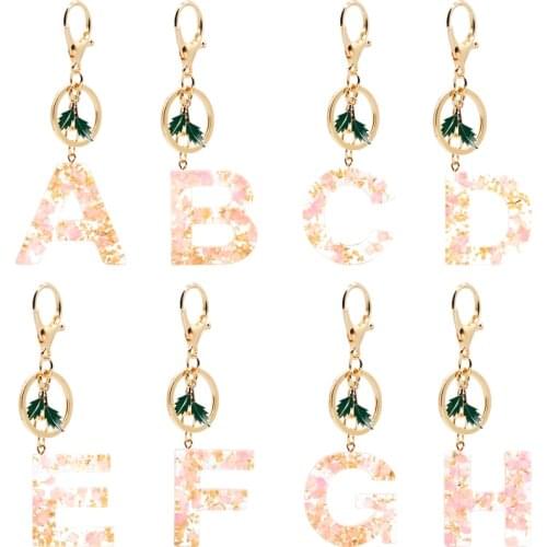 1Pc Alloy Leaf Letter Keychain English Alphabet Keyring Pink Petals Gold Foil Filling Car Mirror Accessory Women Handbag Charms