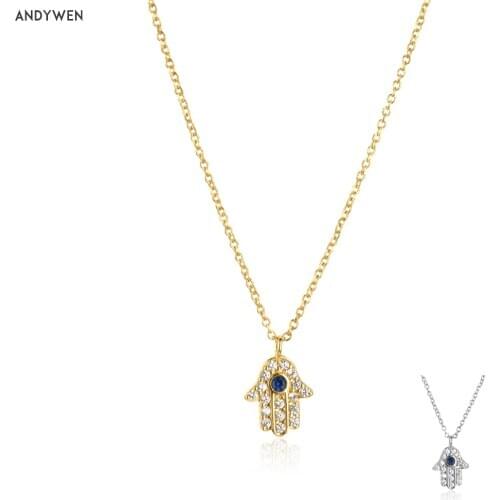 ANDYWEN 925 Sterling Silver Hamsa Hand Pendant Necklace Gold Long Chain Fashion Jewelry Party Jewels Luxury ZIrcon CZ Wedding