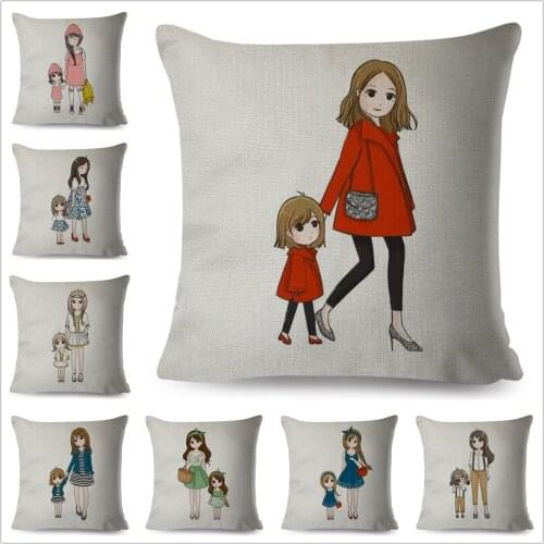 Super Mom and Baby Pillow Case 45x45cm Decorative Cute Cartoon Girl Cushion Cover for Sofa Home Super Mama Mommy Pillowcase