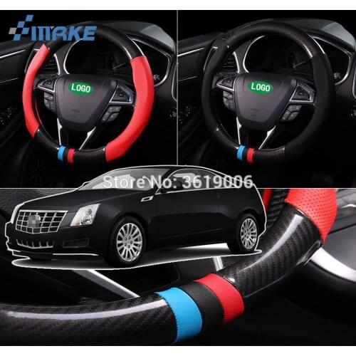 SmRKE For Cadillac CTS Steering Wheel Cover Anti-Slip Carbon Fiber Top PVC Leather Sport Style
