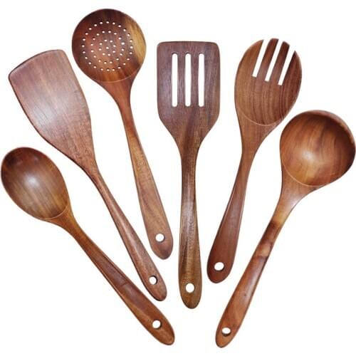 Wooden Utensils Set of 6, Large Kitchen Cooking Utensil for Non Stick Cookware, Natural Teak Wood Spoons Spatula Ladle Colander
