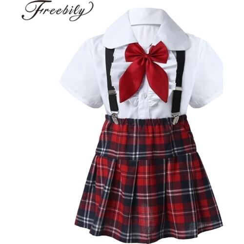 Kids Girls Student School Uniforms Short Sleeve Shirt Tops Suspenders Plaid Skirt Stage Performance Suit Children Choir Costumes