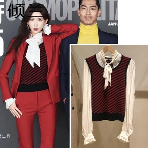 Patads light luxury French sweater autumn and winter mosaic fungus edge sweet tie stripe lady pu00226