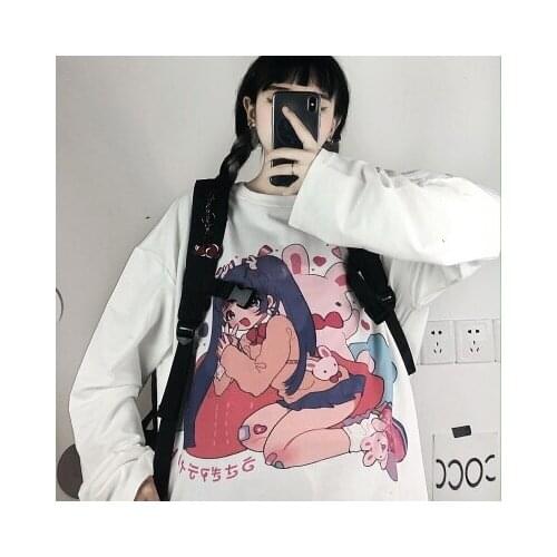 Harajuku Loose Oversize T Shirt Anime Cartoon Print Short Sleeve Shirt Women Black Streetwear Vintage Clothing Dropshipping Tops