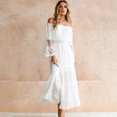Jastie Long Boho Dress White Sexy Off the Shoulder Beach Sundress Flare Sleeve Patchwork Lace Women Dresses Summer Vestido 2021