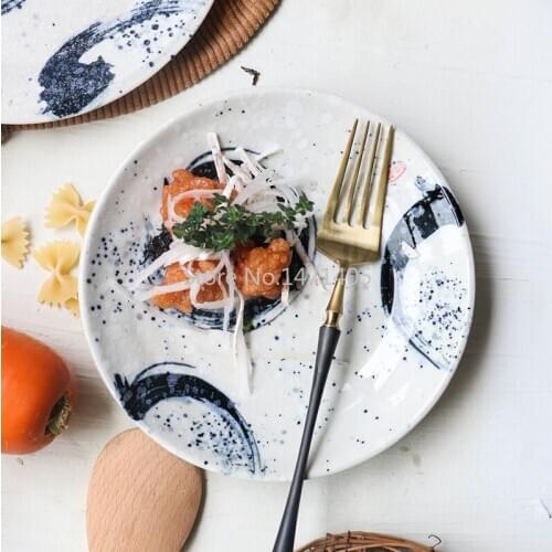 Japanese-style Ceramic Tableware Creative Hand-painted Household Hotel Plate Shallow Dish Plate Flat Plate Western Food Plate