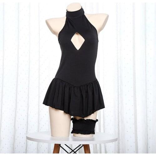 Womens Anime Role-playing Underwear Set Girl Dress Black Foot Band Hollow Out Pajamas Cute Lingerie Set