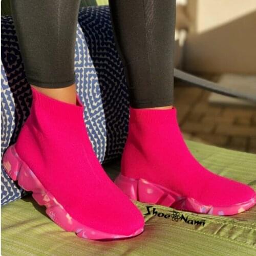 Brand Socks Shoes Breathable High-top Women Shoes Flats Fashion Sneakers Stretch Fabric Casual Shoes Slip-On Zapatillas Mujer
