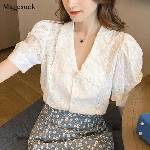 Summer Hollow Flower Lace Blouse Vintage Doll Collar Solid Casual Shirt New Sweet 2021 Puff Short Sleeve Loose Women Tops 14857