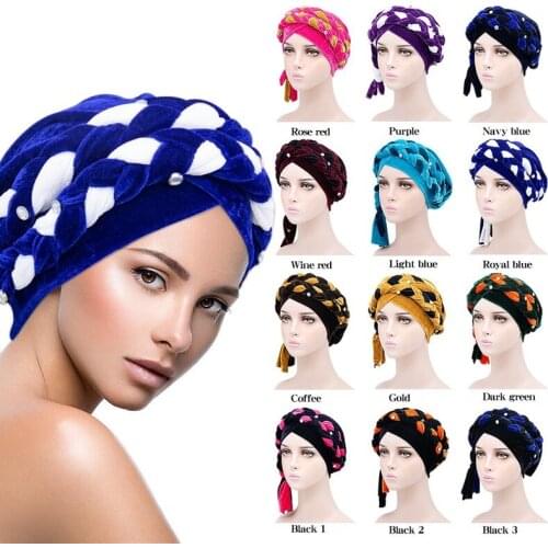Multifunction New National Style Long Braid Velvet Headscarf Hat Fashion Color Matching Beading Chemotherapy Baotou Hat 446