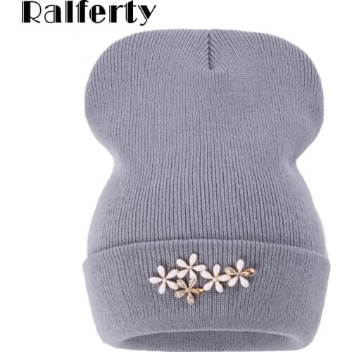 Ralferty Beanies Womens Hats Cap Women Winter Floral beanie Flower Hat Female Solid Knitted Ski Gorros Skullies Caps gorras