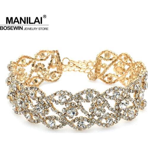 MANILAI Luxury Rhinestones Choker Necklace Women Geometry Rows Beads Maxi Collar Statement Necklaces Chunky Sexy Wedding Jewelry