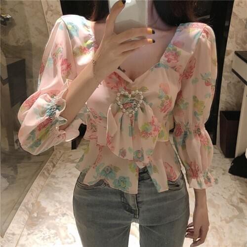 Square Collar Stitching Ruffles Floral Printed Chiffon Blouses Pearls Beaded Bowtie Shirts Flare Sleeve Lotus Crop Tops Camisas