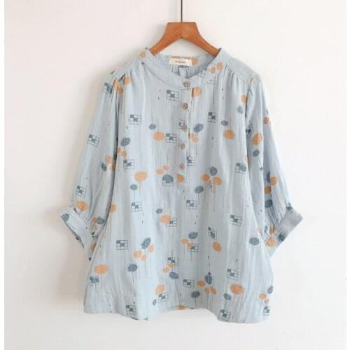 Japanese Cotton Yarn Top Fresh Plant Printing Temperament Stand-Up Collar Double Layer Cotton Yarn Shirt Female Seven Points