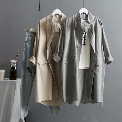 Summer Cotton Linen Womens Trench Coat Fad New Korean Version Long Sleeved Large Plus Size Loose Women Trenchs Coats
