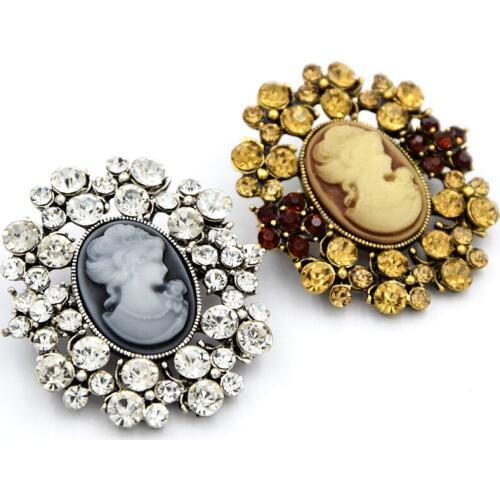 High Quality Stunning Austria Crystals Vintage Fashion Lady Cameo Brooch Victorian Stylish Women Brooch Pin