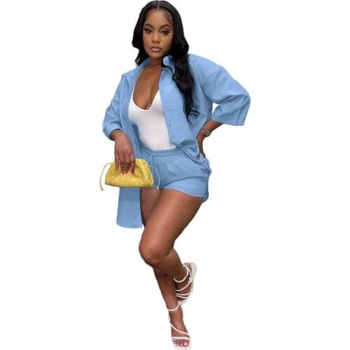 Womens solid cotton medium sleeve shirt top single breasted Shorts Set Tracksuits Outfits