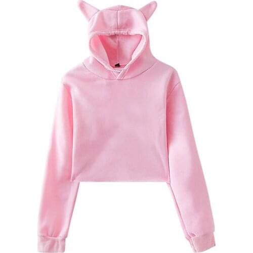 Womens Pink Hoodie Female Fashion Short Sweatshirts 2021 Autumn Lady Fashion Harajuku Kawaii Rabbit Ears Hip Hop Tops