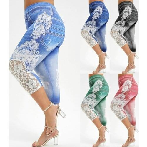 Yoga Pants Women Lace Patchwork Casual Oversize Elastic Legging Slim Faux Denim Skinny Jeggings Cropped Pants Female Trousers
