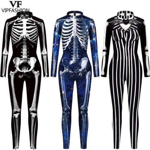 VIP FASHION Adult Skeleton Print Halloween Cosplay For Women Ghost Jumpsuit Party Carnival Performance Scary Costume Bodysuit