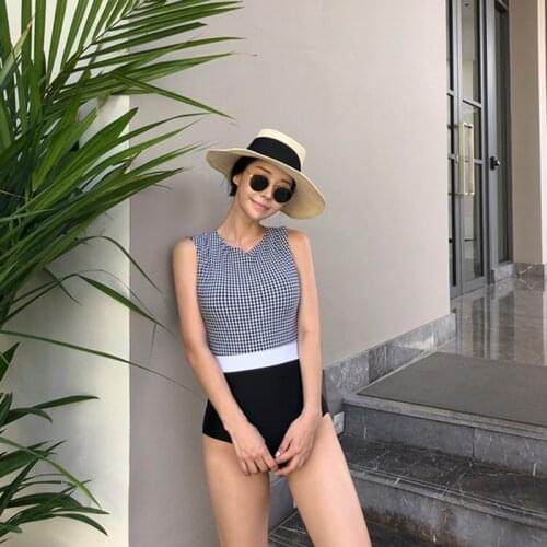 Womens One Pieces Swimsuit Plaid Back Hollow High Neck Wireless Padded Top with Black High Waist Bottom Tankini Set