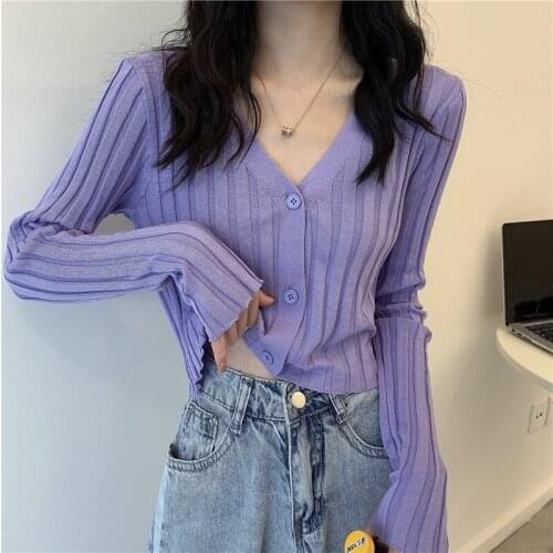 Women Knitting Cardigan Vertical Stripes Pure Color Slim V-neck Long Sleeve Knitted Fabric Short Top Wholesale 2021 New Clothing