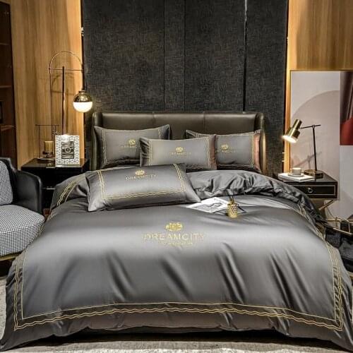 100% Egyptian Cotton Solid Color Gray Duvet Cover Set Embroidery King Queen Comforter Cover with Zipper Bed Sheet 2 Pillowcases