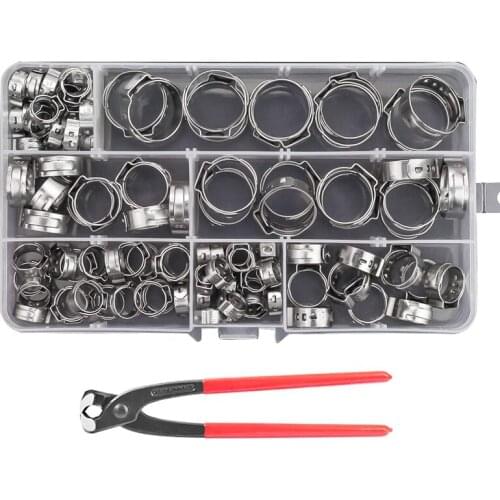 100 Pieces 304 Stainless Steel Single Ear Stepless Hose Clamps with Pincers Kit