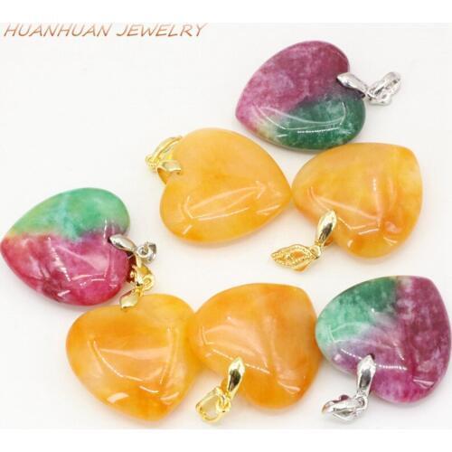 30mm Multicolor Natural Stone Pendant Heart Chain Necklace Jades Chalcedony Love Necklaces Charms Pendants Women Jewelry B3323