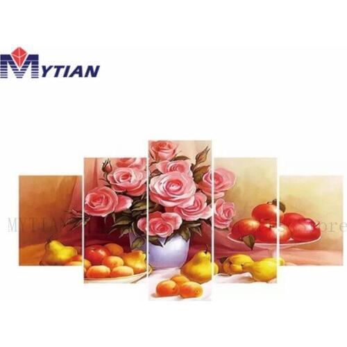 5D DIY Diamond Painting,Beautiful Fruit and Flowers,5 Pcs Full Drill Multi-Picture Combination Diamond Embroidery Set Wall Arts