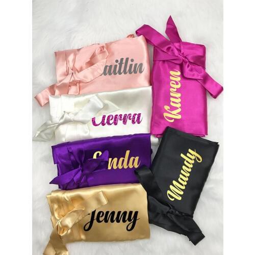 Personalize names printed wedding Bride Bridesmaid maid of honor satin pajamas robes bridal shower kiminos party decorations