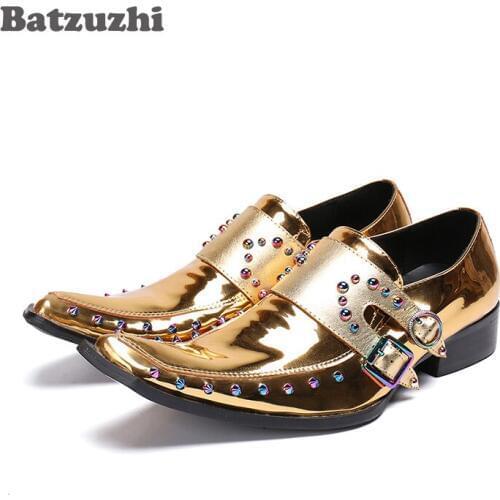 Batzuzhi Rock Men Shoes Western Gold Genuine Leather Dress Shoes Men Rivets Sepatu Pria Club Party Runway Dress Shoes Men, US12