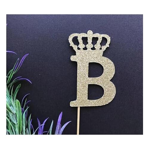 Glitter custom initials crown birthday cupcake toppers baby shower baptism Christening party decoration doughnut food picks
