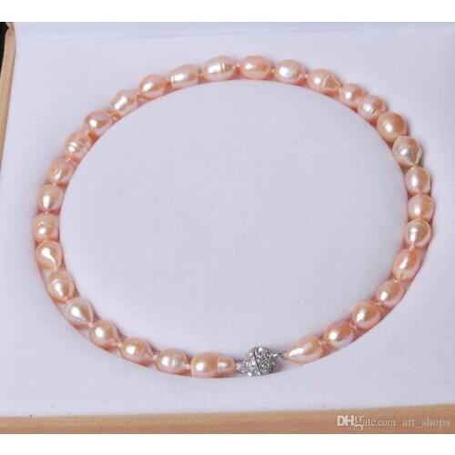 Big 11-13MM Natural Rice Pink akoya pearl Hand Knotted Necklace Magnet Clasp 18">>> free shipping