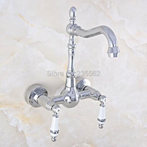 Chrome Brass Wall Mounted Dual Ceramic Handle Swivel Spout Bathroom Basin Mixer Tap & Kitchen Sink Faucet Lnf566