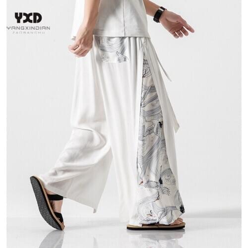 Men clothing Mens cotton linen belt drape wide leg pants man Ancient style straight pants mans new chinese style crane trousers