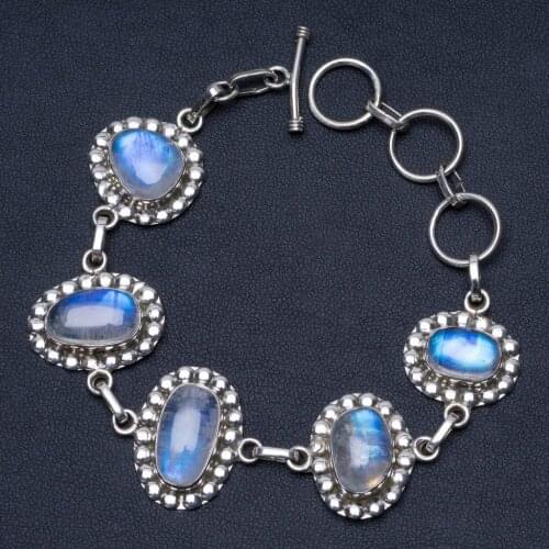 Natural Rainbow Moonstone Unique Punk Style 925 Sterling Silver Bracelet 6 1/2-7 3/4" P2318