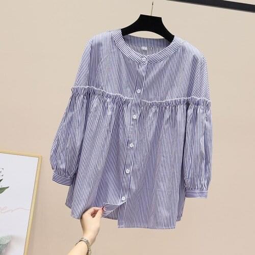 2021 New Women Shirts and Blouses Feminine Blouse Top Long Sleeve Casual Striped Stand Collar Ol Style Women Loose Blouses Q460