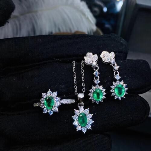 Engagement Best Gift set Natural Real Emerald 925 sterling silver 1pc Emerald pendant,1pc Emerald ring,2pcs Emerald Earring