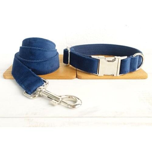 Personalized SAPPHIRE Blue Velvet Dog Collar Leash With Bow Tie Set Nylon Free Engraved Nameplate For Small Medium Large Dogs