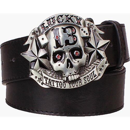 Cool mens belt skull pirate lucky 13 tattoo your soul hip hop style punk belt metal rock dress up leather strap fashion belt