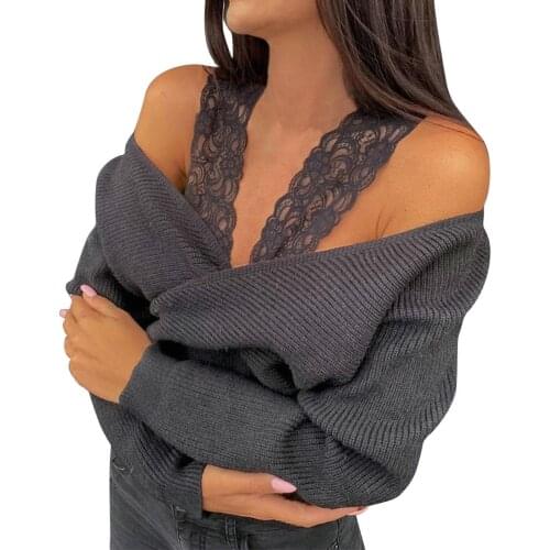 Sexy Women Long Sleeve Off Shoulder Lace Strap Autumn Winter Knit Sweater