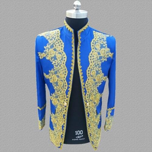 Blue blazer men embroidery suits designs jacket mens stage costumes singers clothes dance star style dress masculino homme
