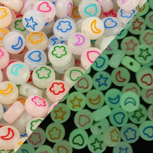 Mixed Moon Star Heart Glow Acrylic Beads Round Flat Luminous Loose Spacer Beads For Jewelry Making Diy Bracelet Necklace 4*7mm