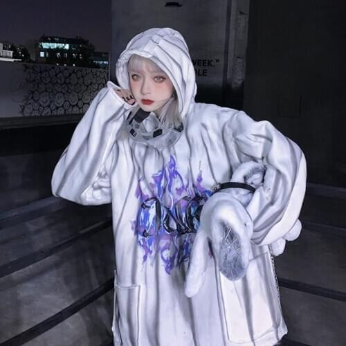 Oversized Flame Hoodie Streetwear Hip Hop Women Cartoon Sweatshirts Casual Autumn High Street Pullover Hoodies Funny Casual Tops