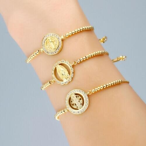 Paved White CZ Virgin Mary For Women Jewelry Gold Copper Beads Charm Crystal Link Bracelet Adjustable Unique Gift 2021
