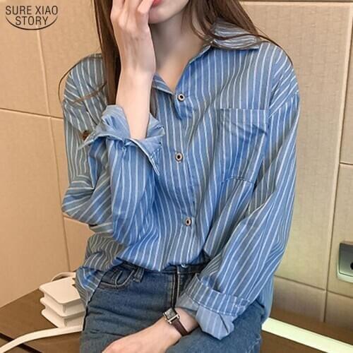 Casual Plus Size Shirt Women 2021 Autumn Full Stripe Women Tops Blouse Blue Button Cardigan Loose Office Lady Clothes 10429